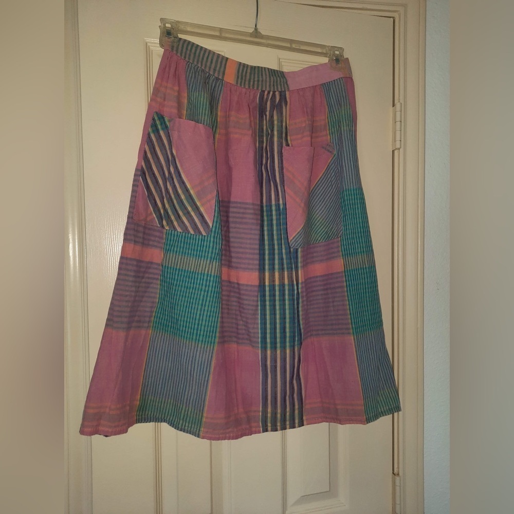 WOMENS VINTAGE 80S MADRAS PLAID SKIRT TOMBOY COLLEGE LIGHT COTTON PREPPY SUMMER